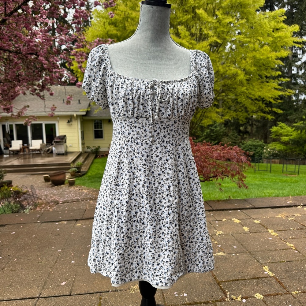 LA Hearts Womens M Floral Puff Sleeve Ruched Milkmaid Mini Dress‎ White Blue